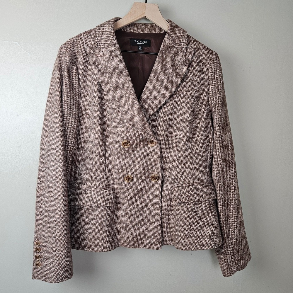 Talbots Tweed Double Breasted Blazer Sz 16 Brown Wool Blend